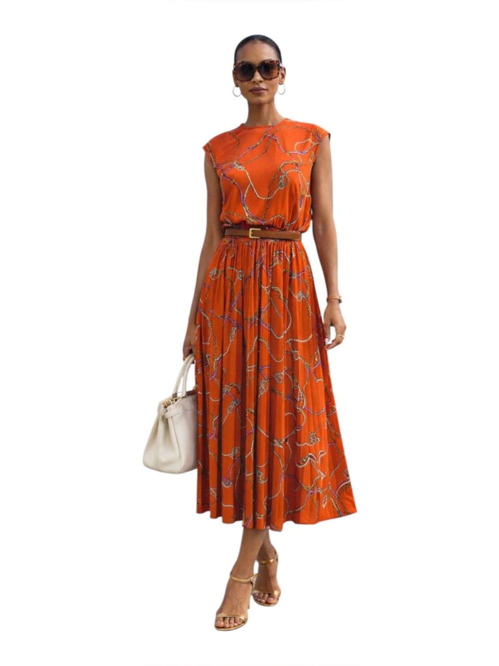 Donna Morgan Orange Scarf Print Midi Dress Women's Size 2 Equestrian Resortwear